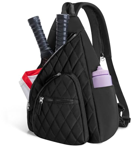 Trahzia Pickleball Sling Bag for Women and Men, Pickle Ball Paddle Backpack with Fence Hook for Racquetball, Badminton Rackets, Black