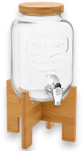 KORAT - Dispenser Bevande in Vetro con Rubinetto e Supporto in Bambù, Contenitore per Acqua, Limonata, Cocktail e Succhi, Tappo Ermetico, 8 LT - 18x24x44 Cm