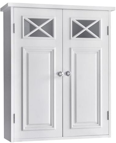 Teamson Home Dawson Wooden Over The Toilet Bathroom Removable Wall Medicine Cabinet with 1 Adjustable Shelf 2 Storage Spaces 2 Cross Molding Doors and Crystal-Cut Knobs, White