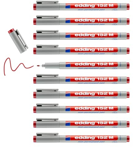 edding 152M penna non permanente - rosso - 10 penne - piuma rotonda 1 mm - Penna per scrivere su vetro, plastica, pellicole e superfici lisce - asciugatura rapida, può essere corretta con acqua