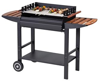 Tarrington House Barbacoa de Carbón Gouette, Acero/Madera de pino, Rejillas de Altura Regulable, Estante Inferior, Ruedas, Negro