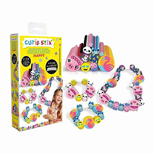 Lansay - CUTIE STIX - Recharge Happy - A Utiliser avec Atelier Cutie Stix - 11 Stix Thème Smiley, Animaux Fleurs - Pour Création Bijoux & Kit Bracelets pour Enfants dès 6 ans - Loisirs Créatif