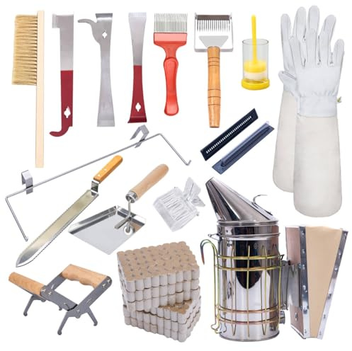 POLLIBEE Imker-Zubehör, 22-teiliges Imker-Werkzeug-Set – Deluxe-Imker-Starter-Kit – Bienen-Räucher-Set mit Rahmenhalter und notwendigem Imker-Werkzeug und Bienenstock-Werkzeug-Set für Imker