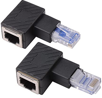 euroharry 2 Stück 90 Grad Ethernet Adapter, Rechts + Links Gewinkelt, RJ45 Stecker auf Buchse, Adapter, geschirmt, Netzwerk Patch Anschluss, kompatibel mit Cat5 Cat6