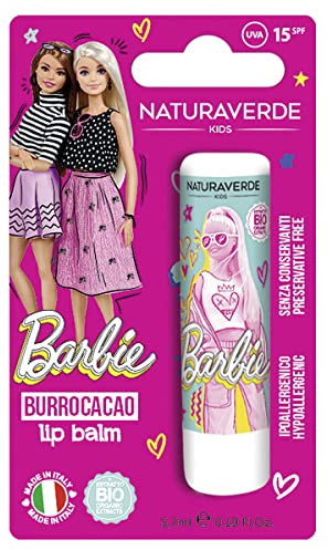 Naturaverde | Kids - Mattel Barbie - Burrocacao alla Fragola, Burro Cacao Bambina con Burro di Karité BIO, con Filtri UVA-UVB - SPF 15, Lipstick da 5,7ml