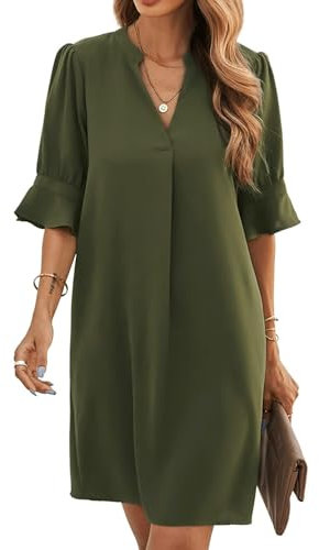 Famulily Women's Summer Casual T Shirt Dresses Short Puff Sleeve Midi Dress for Wedding Guest Army Green XL