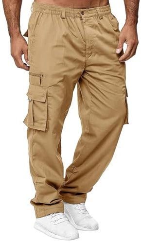 THWEI Mens Cargo Pants Casual Cotton Jogger Multi Pockets Outdoor Hiking Work Sweatpants Khaki XL