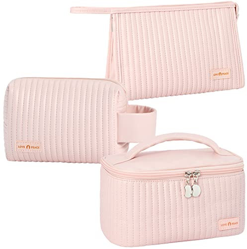 Linpr Kosmetiktasche Damen Groß 3er Set Make Up Tasche Große Kapazität Wasserfest Schminktasche Reisen Organizer für Frauen und Mädchen, Kulturbeutel aus PU-gestreiftem Leder (Rosa)
