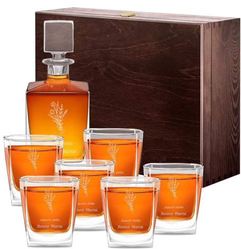 Maverton set Decanter da whisky con 6 bicchieri - incisione personalizzata - Caraffa vetro con tappo 810 ml - Bottiglia per whiskey - pensiero originale donna - per compleanno - Liquore