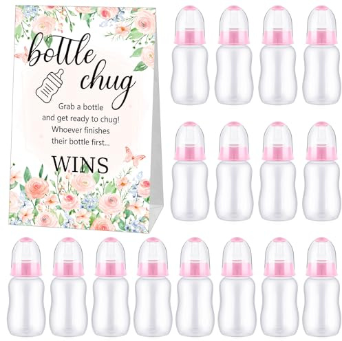 TrelaCo Bottle Chug Baby Shower Game 20 Pcs Baby Bottles Shower Favor with 1 Flowers Theme Sign for Gender Reveal Party Supplies Gifts(Pink)