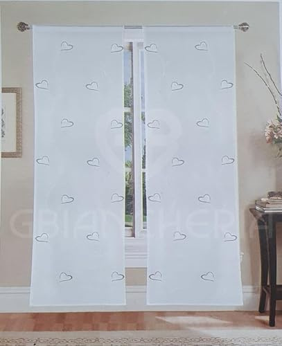 GBiancheria Coppia Tende CUORE RICAMATO 60x150 60x240 per Finestra e Portafinestra Pronte da Appendere (Grigio, 60x240cm)