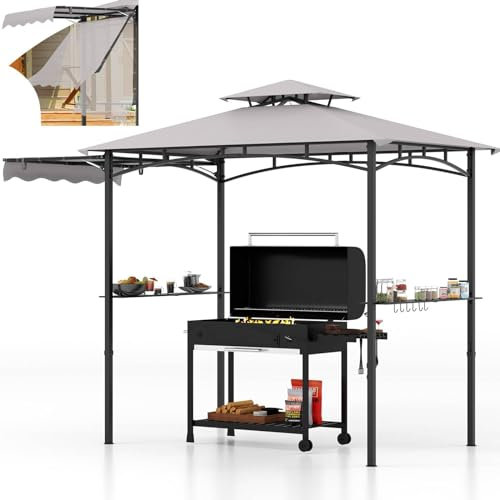 TANGZON BBQ Grill Gazebo, Outdoor Barbecue Canopy with 2-Tiered Top, 2 Side Shelves, Hanging Hooks, Bottle Opener, Garden Deck Lawn Grilling Shelter (with Side Awning,Grey+Black)