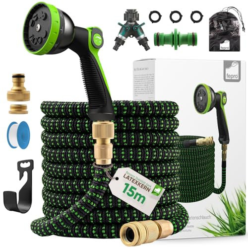 Fepro® Flexibler Gartenschlauch mit 10 Funktion 15m Premium, Wasserschlauch flexibel mit 3-Fach Latexkern inkl. Vollmessing Adapter für 1/2' 3/4' Zoll, Tasche, 2-Wege Ventil und Wandhalterung