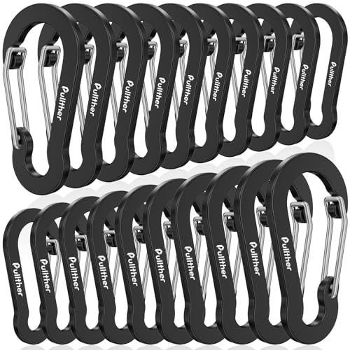 pullther 20 Pcs Multi Carabiner Clips, 50mm/1.96'' Small Carabiner Keyring Clips, Mini Aluminum D-Ring Key Chain Carabiners for Outdoor Sports, Hiking, Camping, Fishing - Black