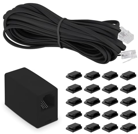 MAOZHOU Telefonkabel, 10 m RJ11 6P4C kontakt modulär kabel RJ11 modulär koppling 20 kabelklämma kabelhållare, RJ11 till RJ11-kontakt platt kabel för modem router telefon fax ISDN DSL VDSL – svart