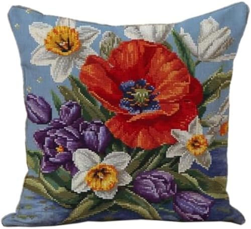 WallustrioaW Cuscino con Ricamo a Punto Croce Papavero e altri fiori,Punto Croce Kit da Ricamare Principianti,Cuscino Ricamato a Mano con Punto Croce Set,45X45CM