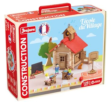 Jeujura - L'École du Village en Bois - Jeu de Construction - Contient 1 Valise de Transport et Un Tapis de Jeu - 125 Pièces en Bois - Made in France - À partir de 5 Ans - 8061