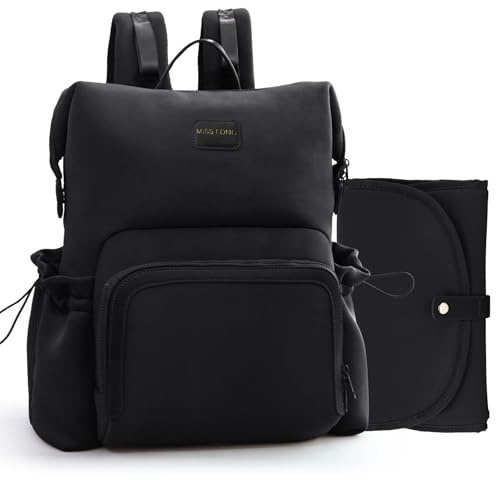 MISS FONG Changing Bag Backpack, Baby Bag Backpacks Neoprene Baby Changing Bags Nappy Maternity Bag Travel Large Capacity with Changing Mat Stroller Insulated Pockets 12 Pockets for Mom & Dad-Black