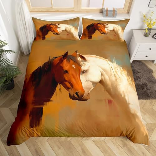 richhome Set di biancheria da letto con copripiumino per bambini, motivo cavallo occidentale, per letto singolo, decorazione per la stanza, morbido, marrone, bianco, con 1 federa