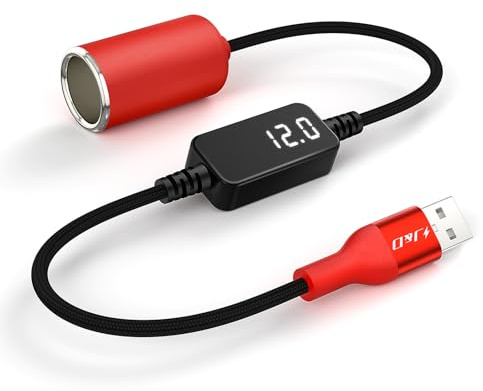 J&D Cavo Adattatore da USB-A a Accendisigari 12V, Convertitore USB-A DC 12V 18W per Dash Cam, GPS, Registratore Guida con Display Voltaggio, Cavo Rosso Resistente, 0,3 m