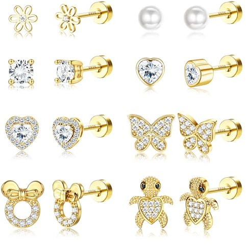 Adramata 8 Pares Pendientes de Plata de Ley 925 Niña Mujer Pendientes Hipoalergenicos Niña con Cierre de Tornillo Lindo Mariposa Flor Corazón Pendiente Oro Plata de Aretes