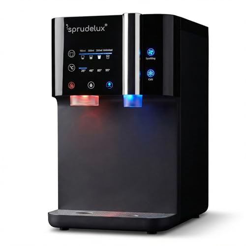 SPRUDELUX JUMAN SUPREME Wasserspender mit Sprudel & Heißwasser – Umkehrosmose Direct-Flow mit UVC – Wasserfilter mit CO2 – Auftischgerät für Küche & kleine Büros - Tafelwasseranlage | (Wassersprudler)