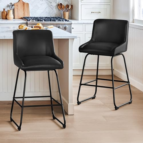 LUE BONA 360°Drehbarer Barhocker 2er Set mit Lehne,66 cm Hoch Drehsessel–Barstuhl Metall mit 7cm Kunstleder Sitzfläche,Bar Hocker mit Metallbeinen,Moderner Barstuhl für Küche,Theke,Schwarz