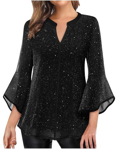 Camicia Donna Elegante Con Paillettes Magliette Cerimonia Top Brillantini Eleganti Blusa Scollo a V Taglie Forti Maglietta Curvy Natale Maglia Strass Capodanno Da Sera T Shirt Glitter Club Feste