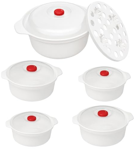 Sxutop Set di 5 Contenitore per Microonde Stoviglie Cuocere con Coperchio | Stoviglie per Microonde,Ciotole con Coperchio a Valvola,Rotonde Stoviglie con Vapore,zum Erhitzen von Reis Nudeln und Pizza