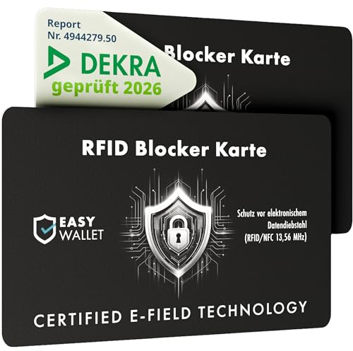 EasyWallet Tarjeta bloqueadora NFC/RFID aprobada por DEKRA – Tecnología E-Feld Jammer para una protección segura de la tarjeta, extrafina (0,84 mm), perfecta para cualquier billetera, protección