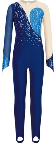 Monduelle Kinder Turnanzug Mädchen Glitzer Gymnastikanzug Strass Glänzend Langarm Ballettanzug Gymnastik Leotard Wettbewerb Tanzkostüm Marine Blau 122-128