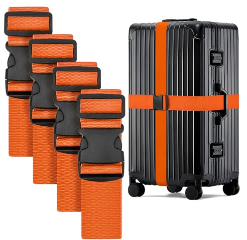 WISYOK Luggage Straps Extended, 4 Pack, 130-250cm Adjustable, Orange | Case Strap for Suitcase, Luggage Belt with Quick Release Buckle, Suitcase Identifier for Travel, Flight, Vacation, Trip