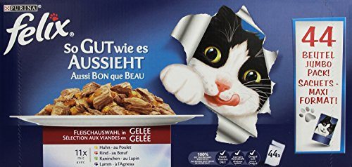 Felix Katzennassfutter in Gelee (mit Huhn, Rind, Kaninchen, Lamm) 44 x 100g Portionsbeutel