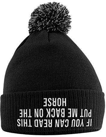 Bobble Beanie Hat - Horse Riding Gift for Girls - Winter Beanie with Horse Slogan Embroidered On The Front - Black