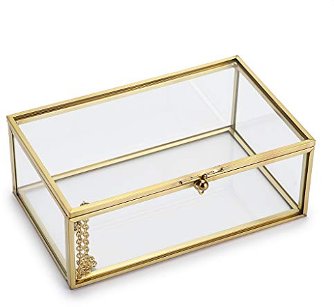 Hipiwe Vintage Glass Keepsake Box, Rectangle Jewelry Display Organize Vanity Lidded Box Home Decor Accent Decorative Box for Storage Trinket Rings Bracelet