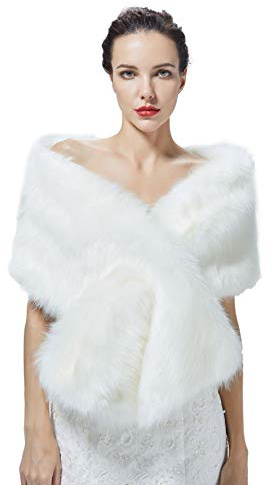 BEAUTELICATE Faux Fur Shawl Winter Wedding Wraps Women Bridal Stole Bridesmaids Shrug 1920s Flapper Cape Fancy Dress Gatsby Custum(One Size, White)