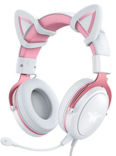 PHNIXGAM Casque de Jeu avec Oreilles de Chat, Casque Filaire avec Micro antibruit, Son Surround, pour PS4, PS5, Xbox One (sans Adaptateur), PC, Mobile, rétroéclairage RVB Blanc et Rose