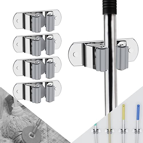 CWOVRS Broom Holder Wall Mounted, 4PCS Mop Broom Holder Stainless Steel, Heavy Duty Garage Tool Hanger Mop Broom Storage Rack Mop Holders for Kitchen Bathroom Garden Laundry Closet etc.