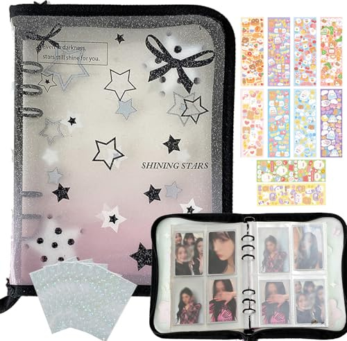 Lora Rossie Kpop Photocard Binder Kpop Photocard Holder Book with 50pcs Holographic Photocard Sleeves&10 Korean Stickers, 6 Ring A5 Binder Photocard Album 25 Inner Pages with 200 Pockets (Black Heart)
