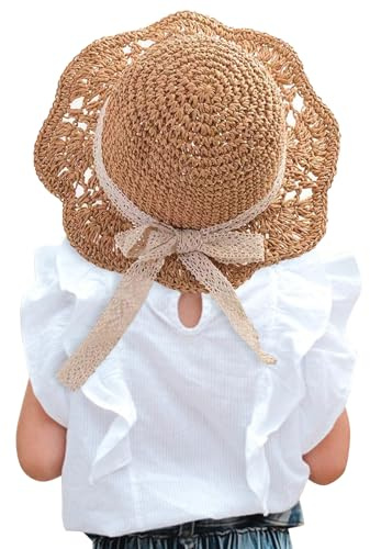 Winmany Cappello Paglia per Bambina Cappello Sole Estivo per Bambini con Fiocco Cappelli Pieghevoli per La Protezione Solare della Spiaggia per 2-6 Anni (IT, Testo, Taglia Unica, Ragazzine, Khaki)
