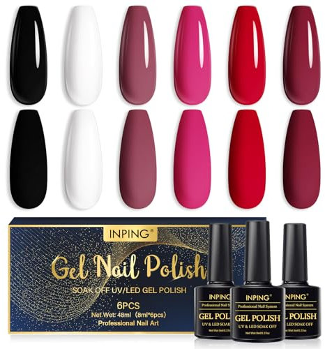 INPING Kit de Esmaltes Semipermanentes de Uñas en Gel UV LED, 6 Colores Burdeos Rojo Rosa Negro Blanco, Esmalte Uñas Soak Off UV/LED Gel Uñas Manicura Nail Art Set, 8ML