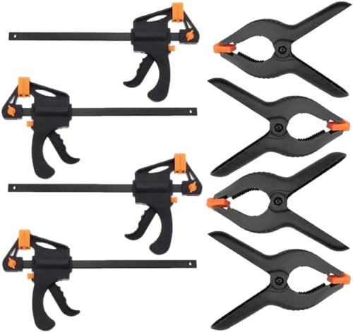 KAHEIGN 8 Piezas Abrazaderas Juego, 4Pz 4 Pulgadas Abrazaderas de Agarre Rápido con Una Mano + 4Pz Abrazaderas de Resorte de Plástico Extrafuertes y Tarea Pesada para Carpintería Fácil Reprimición