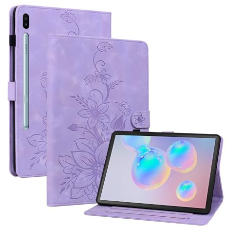 Rosbtib Hülle für Samsung Galaxy Tab S6 10.5 Zoll Hülle 2019 Modell SM-T860/T865 Folio Ständer Tablet Schutzhülle mit Kartenfächer Stoßfeste PU Lederhülle für Galaxy Tab S6 Lilienmuster - Lila