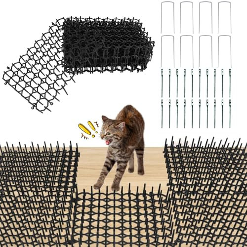 12 Pièces Universel Tapis Répulsif Chat, 20 x 15 cm Anti Chat Repousse Tapis, Réutilisable Barriere Anti Chat avec 8 Chevilles en U et 20 Attaches en Plastique pour Intérieur Extérieur