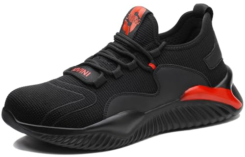 TOLHE Zapatos de Seguridad para Hombre Calzado Seguridad Deportivo Puntera de Acero Zapatos de Trabajo Comodo Transpirabilidad Zapato Cocina Antideslizante Negro Rojo 41EU