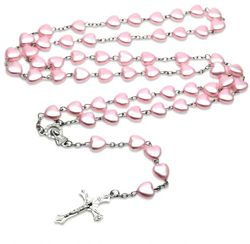 Lucktao Rosenkranz Kette,Rosenkranz Halskette,Pfirsich Herz Perlen,Rosenkranz Katholisch,Rosary,Kreuz Kette,Kruzifix Kette,Rosenkranz Auto,Orthodoxe Kette,Ideal für Rosenkranz Kette Herren Damen