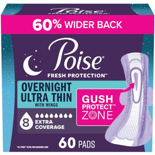 Poise Overnight Ultra Thin Incontinence & Postpartum Pads with Wings for Bladder Leaks, 8 Drop Extra Absorbent, Long Length, 60 Count (3 Packs of 20)