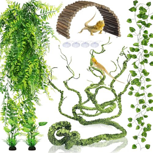 QUOZUO Bearded Dragon Tank Accessories, Terrarium Hanging Plant Vines Artificial Leaves Reptile Hide, Bridge Jungle Climber Reptile Vines for Snakes Bearded Dragon Chameleon Gecko Lizard