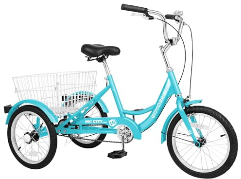 MOPHOTO 16 Inch Small Tricycle for Beginners, 3 Wheel Bike with Low Step-Through Frame, Single Speed Trike with Hand Brakes, Adjustable Seat & Rear Basket, Fits Riders 3'9–4'9