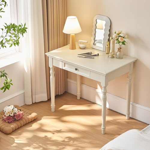 Conabaen White Writing Desks with Drawers, 35 Solid Wood French Country Style Computer Desk for Home Office, Living Room Study or Workspace